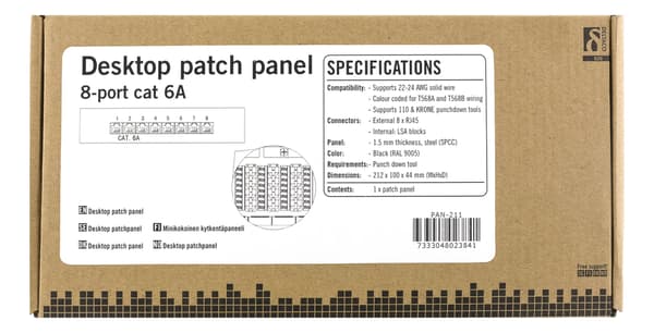 DELTACO Kretspanel, 8xRJ45, Cat6a, veggmonterbart, 10Gbps, svart