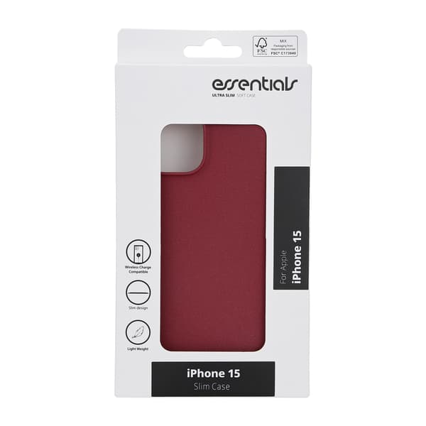 Essentials iPhone 15 sandsprengt bakdeksel, burgunder