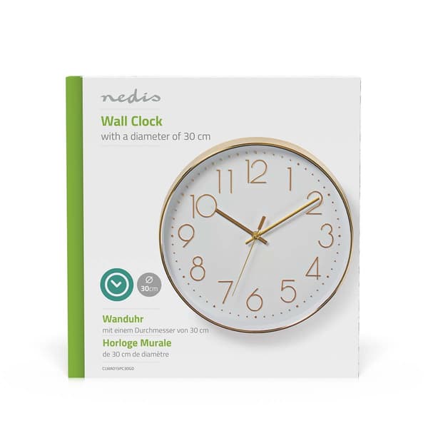 Nedis Väggklocka | Diameter: 300 mm | Plast | Guld / Vit