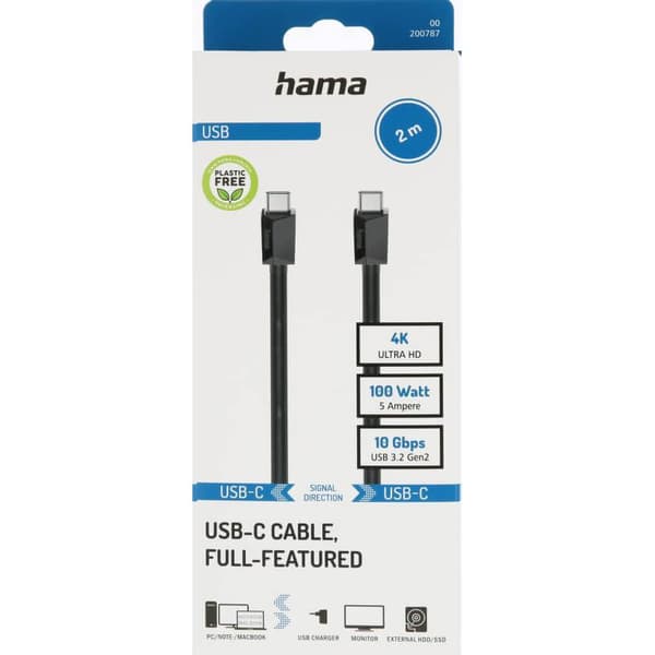 Hama Kabel USB-C USB 3.2 Gen2 10 Gbit/s 100W 2.0m Sort