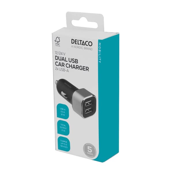 DELTACO USB-billader, 2x USB-A, 2,4 A, totalt 17 W