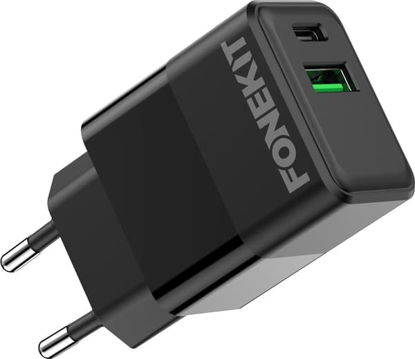FoneKit Dobbelt 20W-oplader, USB-C + USB-A, sort