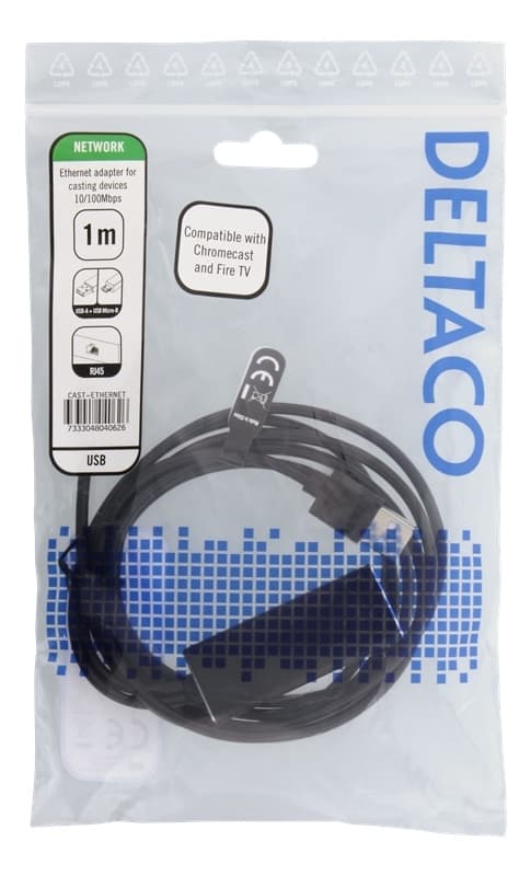 DELTACO Ethernet-sovitin mediatoistimia varten, USB, RJ45, musta