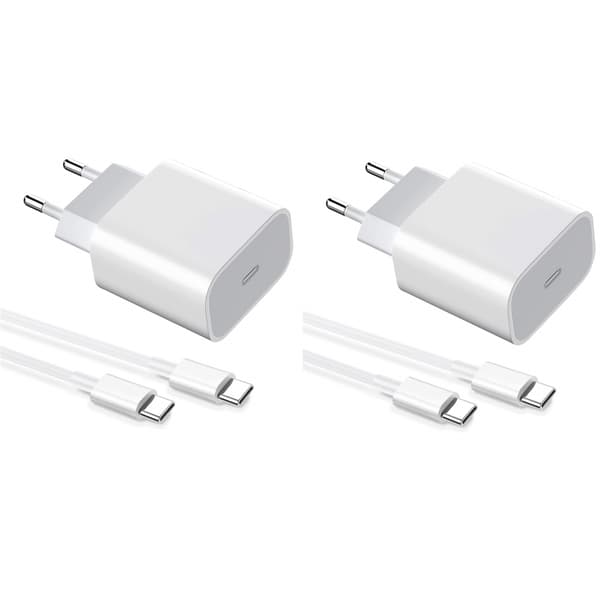 2-pak oplader til iPhone 15 / 16/ 17 / Android 20W med USB-C til USB-C - hurtigoplader