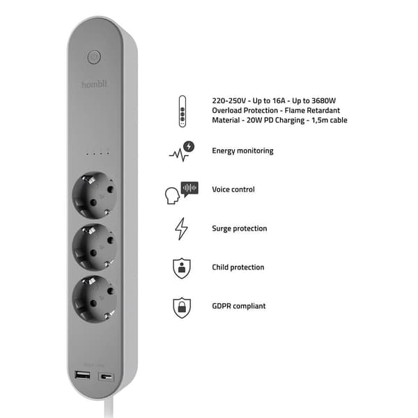 Hombli Smart Stikdåse 3-vejs Grå USB-C & USB-A