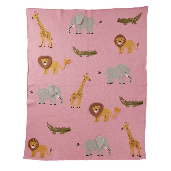 RICE Strikket babyteppe med dyr og 3D-detaljer - Rosa