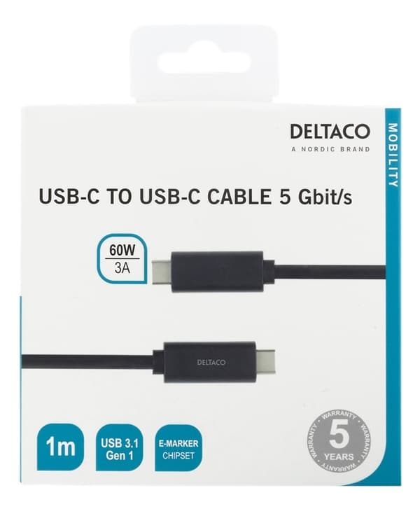 DELTACO USB-C-kaapeli, 1m,  3A, USB 3.1 Gen 1, E-Marker, musta