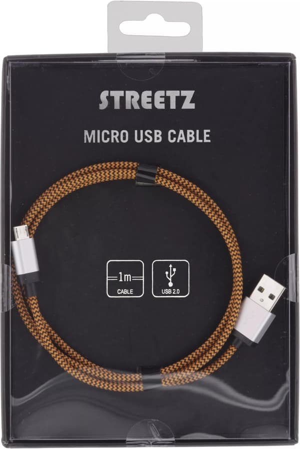 STREETZ USB-kabel, Tygklädd, Typ A ha - Typ Micro B, 1m, orange