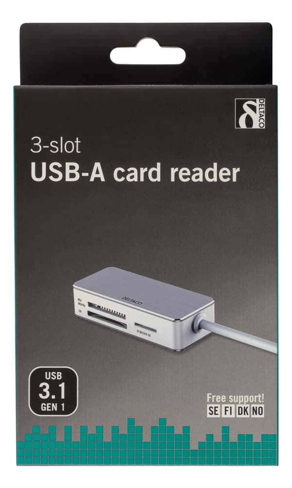 DELTACO USB 3.0 kortlæser, 3 rum, understøtter SDHC, Micro-SD, TF, M