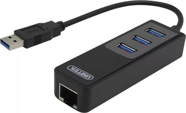 DELTACO, USB 3.0 netværksadapter, 1000Mbps,  1xRJ45, 3xUSB-A hun, sort