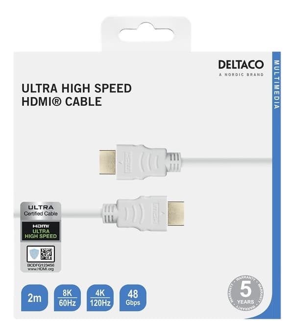 DELTACO ultranopea HDMI-kaapeli, 48Gbps, 2m, valkoinen