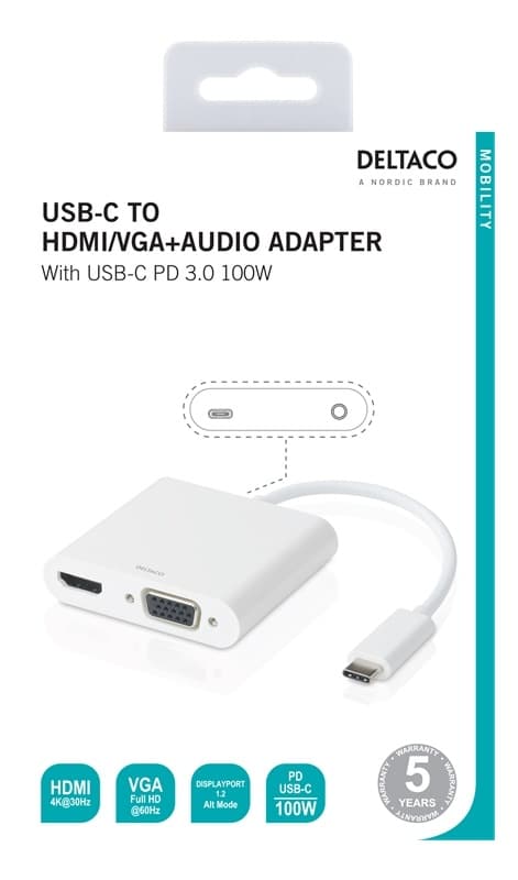 DELTACO USB-C-dokkingstasjon, HDMI/VGA/USB-C, 100 W USB-C PD 3.0, hvit