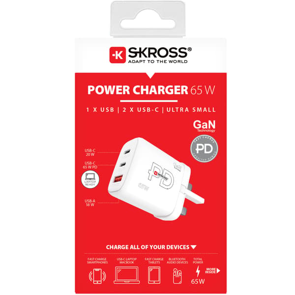 SKROSS Strømlader UK mfl. 2xUSB-C PD + 1xUSB-A GaN 65W