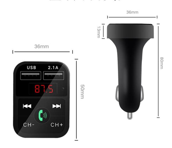 2-i-1 FM-sender med dobbelt USB-stik, display og knapper, Sort