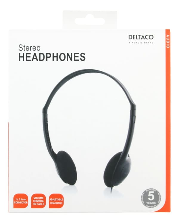 DELTACO hörlur med volymkontroll, 2,2m kabel (HL-27)