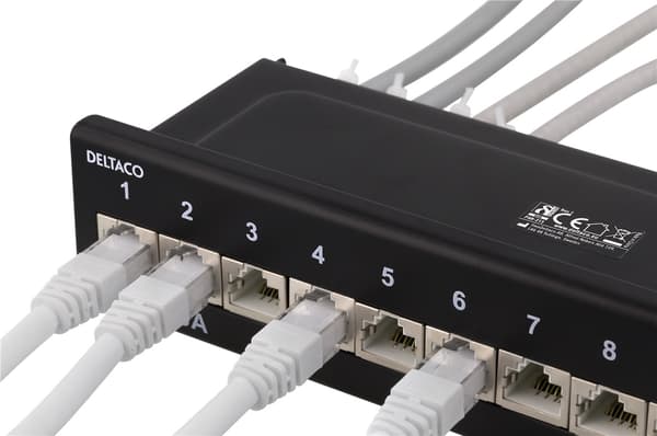 DELTACO Patchpanel, 12xRJ45, Cat6a, väggmonterbar, 10Gbps, svart