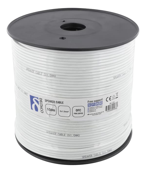 DELTACO speaker cable, 2x1.5mm2, open ends,  pure copper, 100m, white