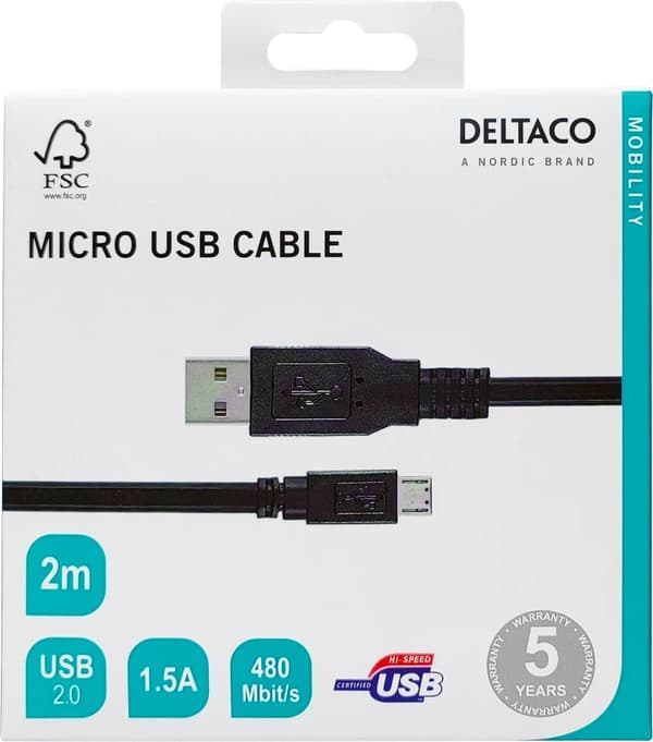 DELTACO USB 2.0 kabel Typ A ha - Typ Micro B ha, 5-pin, 2m, svart (MICRO-103)