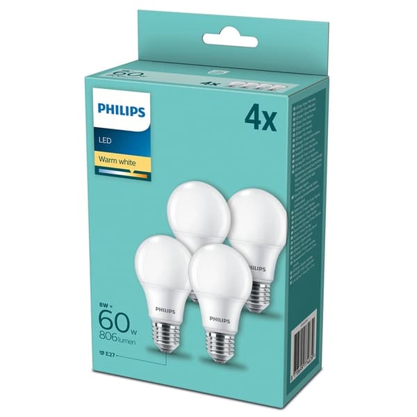 Philips 4-pakning LED E27 Normal Frost 60W 806lm