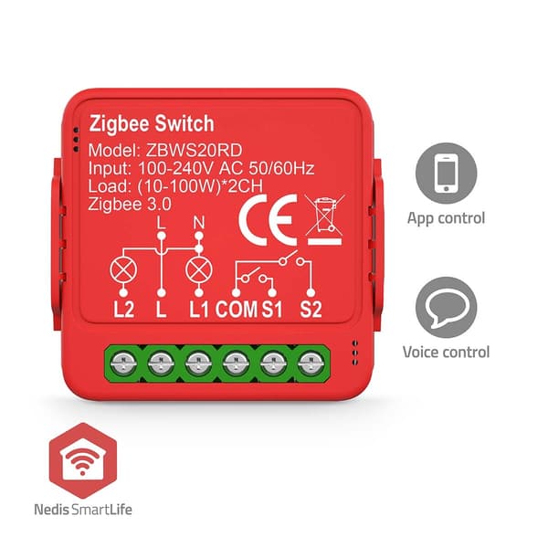 Nedis SmartLife Innebygd Modul | Zigbee 3.0 | Dobbel bryter | 2 x 100 W | Terminalforbindelse | App tilgjengelig for: Android™ / IOS