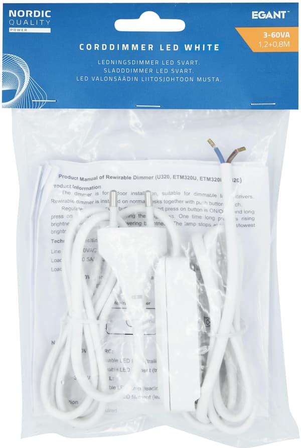 Nordic Quality Corddimmer 3-60vA 1,2+0,8m w. plug. White