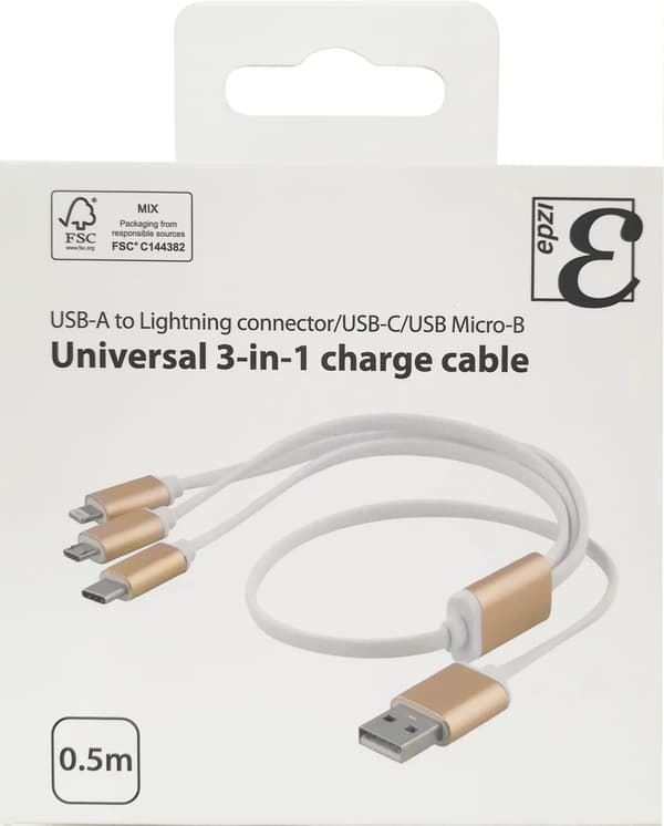 EPZI yleiskäytt. latauskaap., USB-C, Lightning, Micro USB, USB-A, 50cm