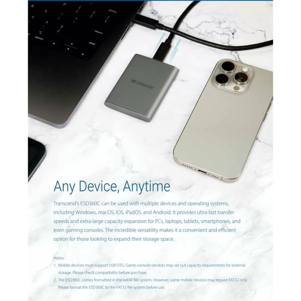 Transcend Bærbar SSD ESD360C USB-C 2 TB 20 Gbps (R2000/W2000 Mb/s)