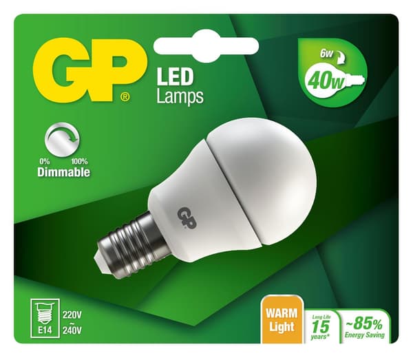 GP LED-lamppu Mini Globe, E14, DIM, 6W (40W), 470lm