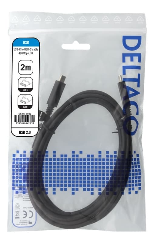 DELTACO USB 2.0 -kaapeli, Type C - Type C, 2m, musta