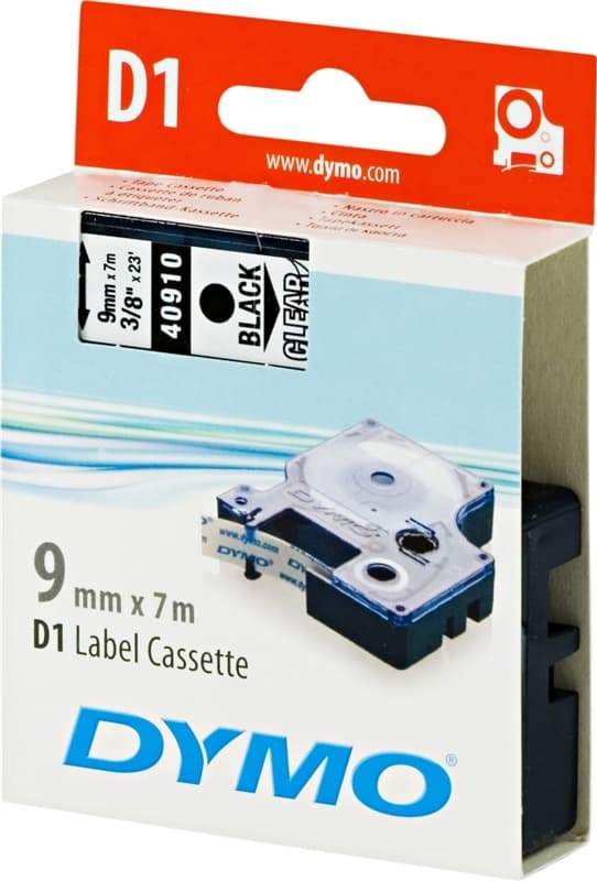DYMO D1 merkkausteippi, 9mm, läpinäkyvä/musta teksti, 7m - 45010