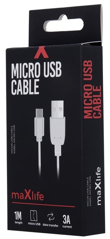 Maxlife microUSB-ladekabel for hurtiglading, 3A, 1 m, hvit