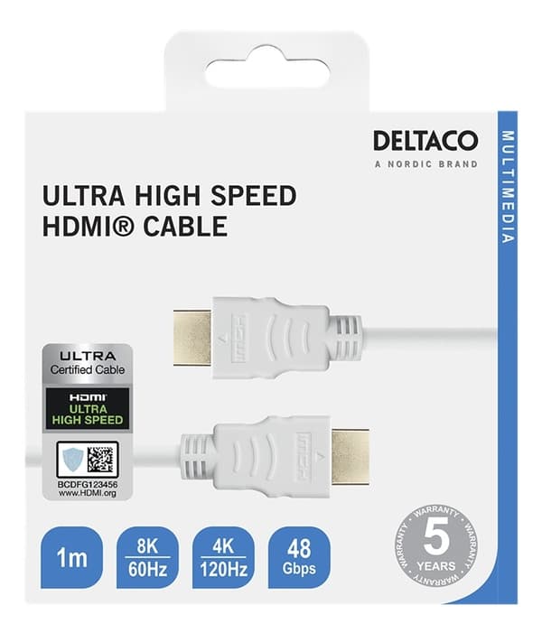 DELTACO ULTRA High Speed HDMI-kabel, 48Gbps, 1m, vit