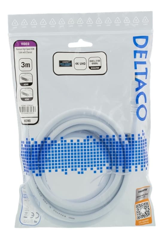DELTACO High-Speed Premium HDMI cable, 3m, Ethernet, 4K UHD, white