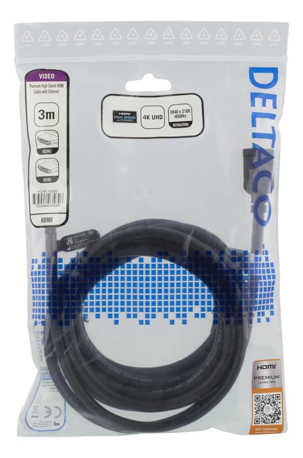 DELTACO High-Speed Premium HDMI -kaapeli, 3m, Ethernet, 4K UHD, musta