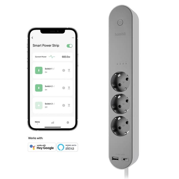 Hombli Smart Stikdåse 3-vejs Grå USB-C & USB-A