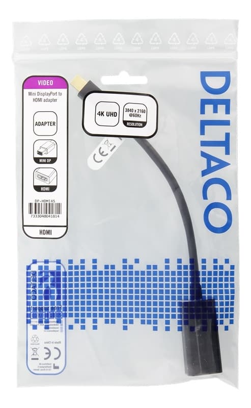 DELTACO sovitin Mini DisplayPort - HDMI, 4K 60Hz, 0,2m, musta