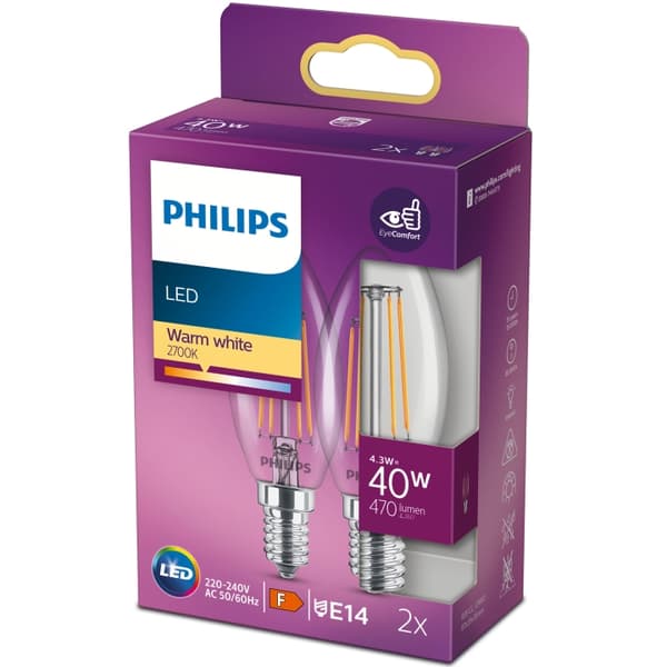 Philips 2-pakning LED E14 Crown 4,3W (40W) klar 470lm