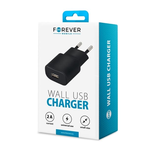 Forever vegglader med USB-port, 2A, svart