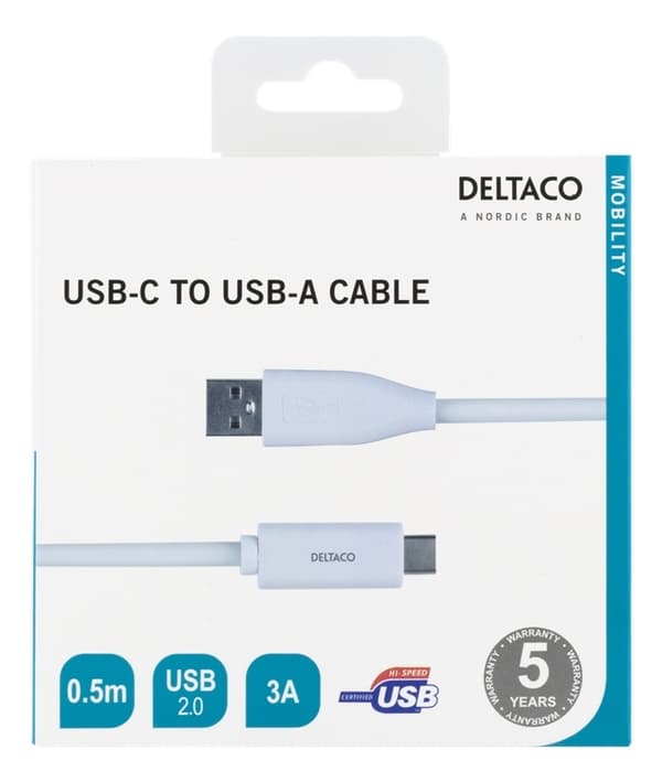 DELTACO USB-C till USB-A kabel, 0,5m, 3A, USB 2.0, vit