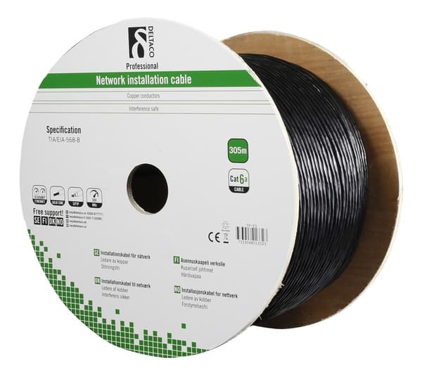 DELTACO S/FTP Cat6a installation cable, for outdoor use, 305m, black