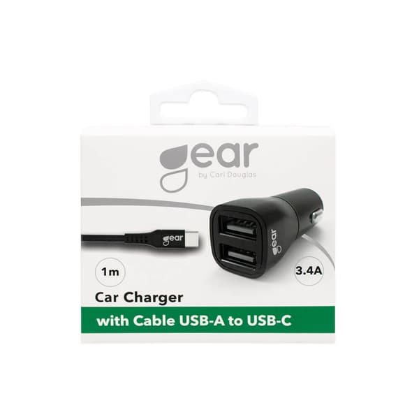 Gear Lader 12-24V 2xUSB 3.4A USB-C 2.0 Kabel 1m Sort