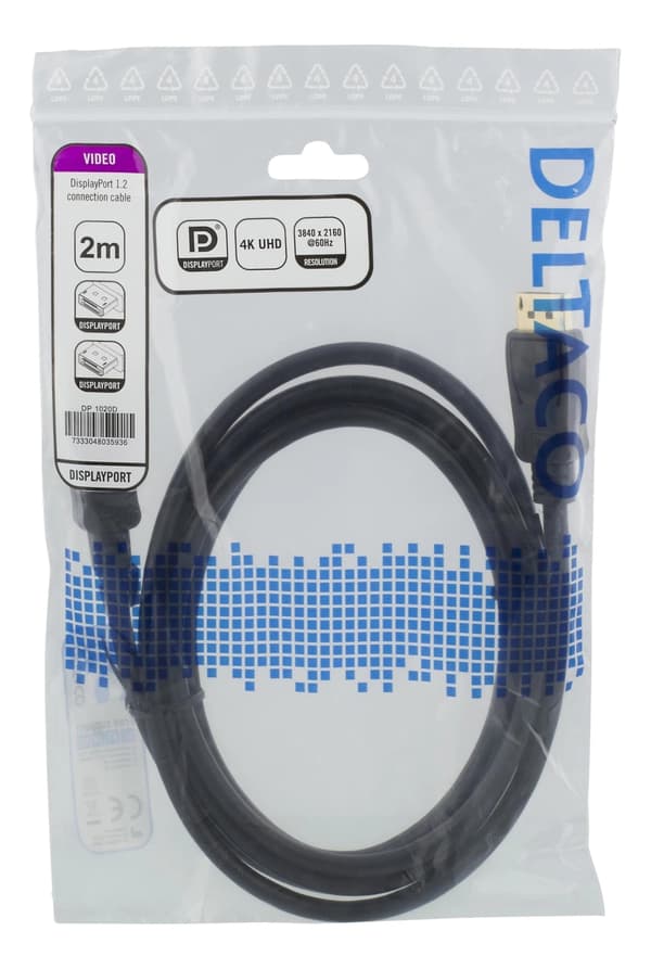DELTACO DisplayPort-kabel, 2 m, 4K UHD, DP 1.2, hvit