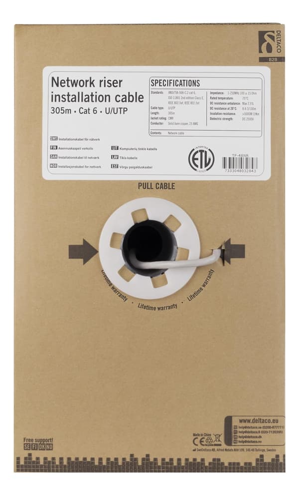 DELTACO U/UTP Cat6 riser installationskabel, 305m box, 250MHz, Delta-c