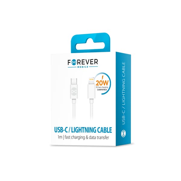 Forever-kabel USB-C - Lightning 1,0 m 3A, 20 W, hvid