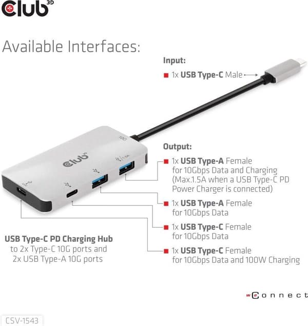 Club 3D USB typ C PD laddningshubb - hubb