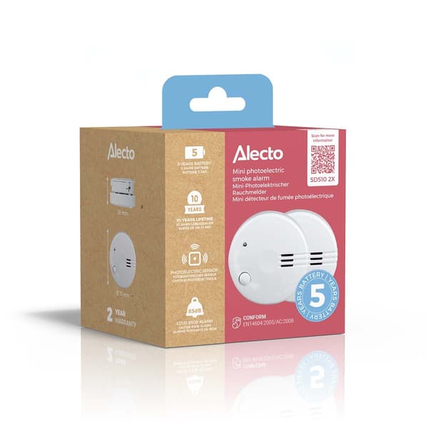 Alecto Minirökdetektor med 5 års batteri 2-pack Vit