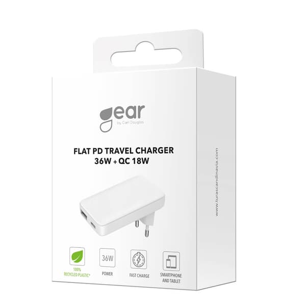 Gear Laddare 220V 1xUSB-C+1xUSB-A PD/PPS 36W+QC 18W GaN Vit