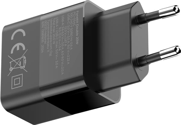 FoneKit Double 20W laddare, USB-C + USB-A, svart