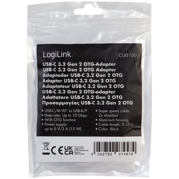 LogiLink Vinklad USB-C-kabel USB 3.2 15W 0,2m