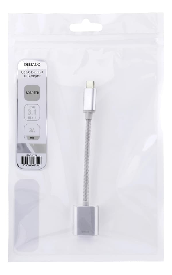 DELTACO USB-C 3.1 Gen 1 til USB-A OTG-adapter, aluminium, hvit pose, sølv